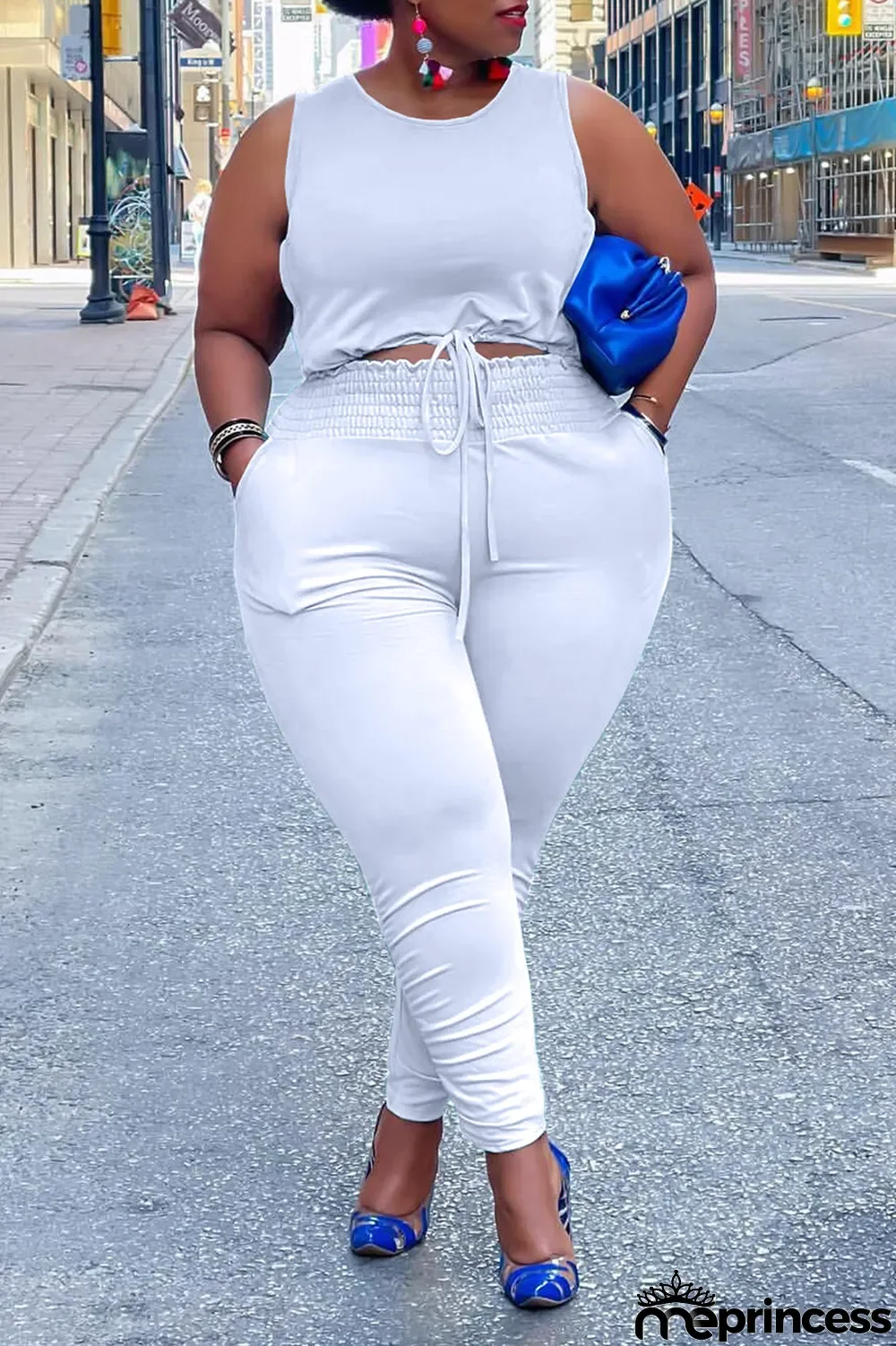 Sky Blue Casual Solid Split Joint O Neck Plus Size Two Pieces