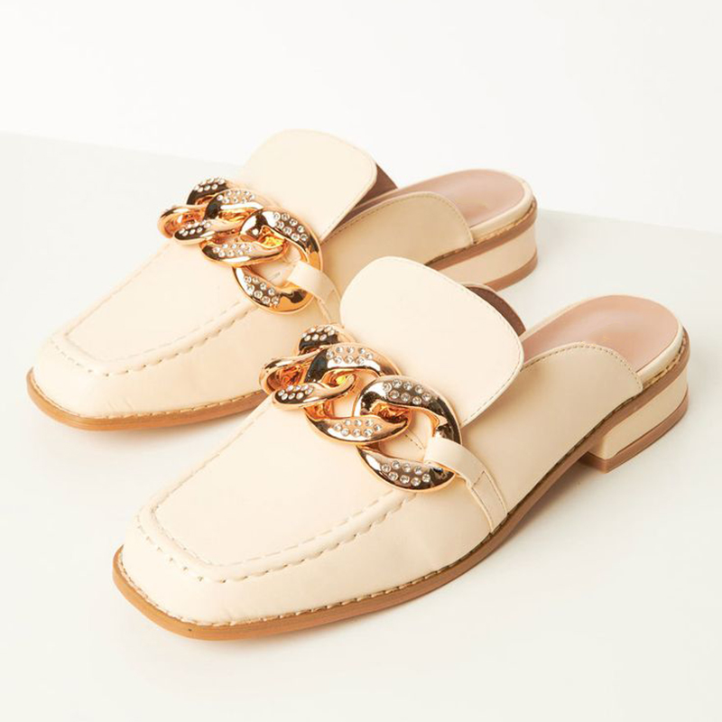 GOOSHOE Beige Patent Block Heel Square Toe Buckle Pump Mules