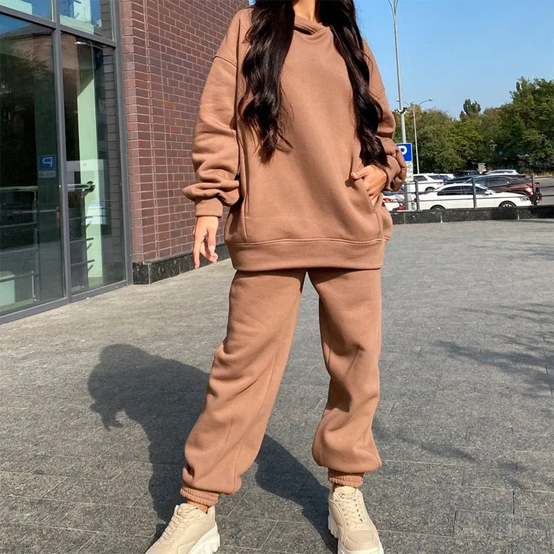 Oversize Heart Printed Fleece Women's Tracksuit Hoodies 2 Piece Set Sweatshirt + Pants Women Sport Suit Winter Sportswear