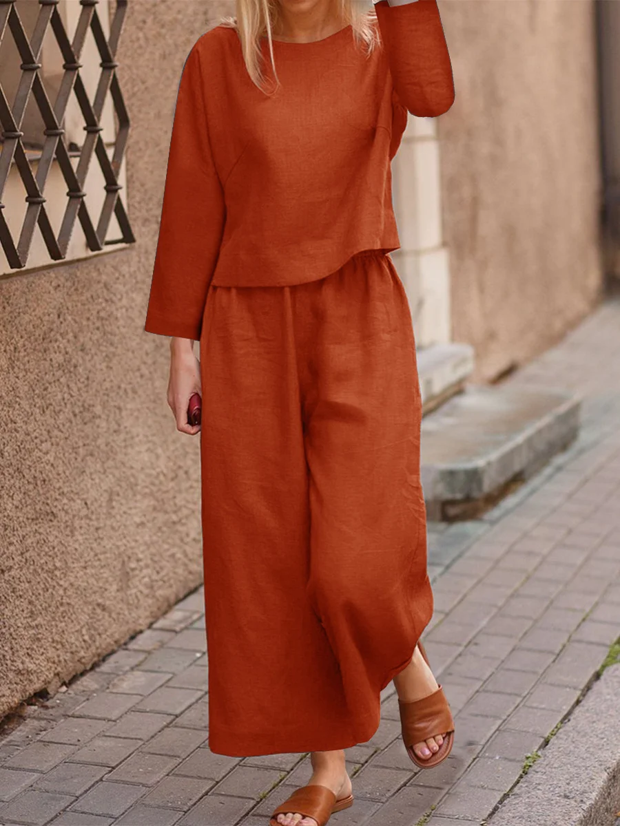 Women's Casual Solid Color Loose Round Neck Top and Wide Leg Pants Two-piece Set