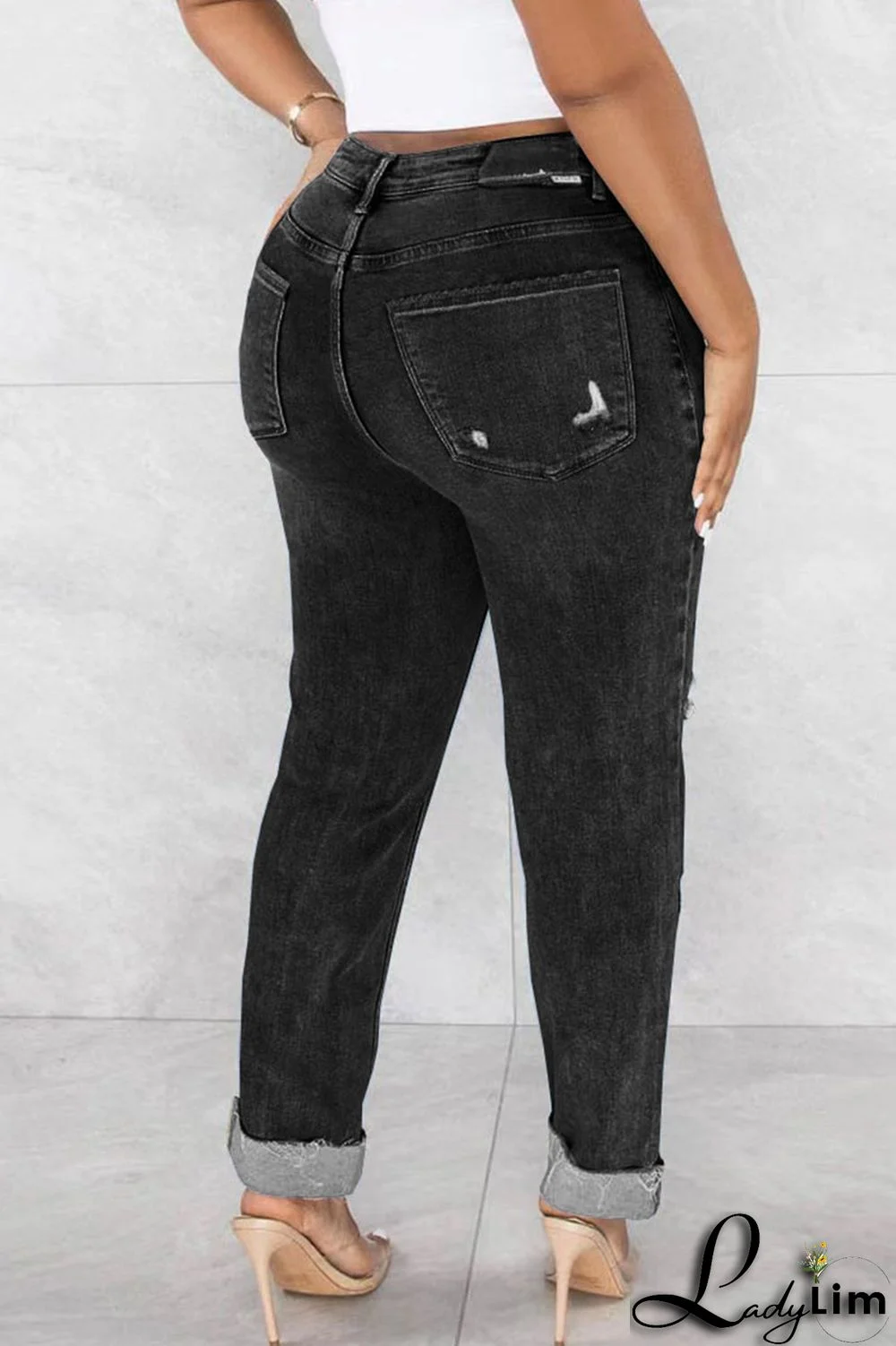 Light Blue Street Solid Ripped Patchwork High Waist Denim Jeans