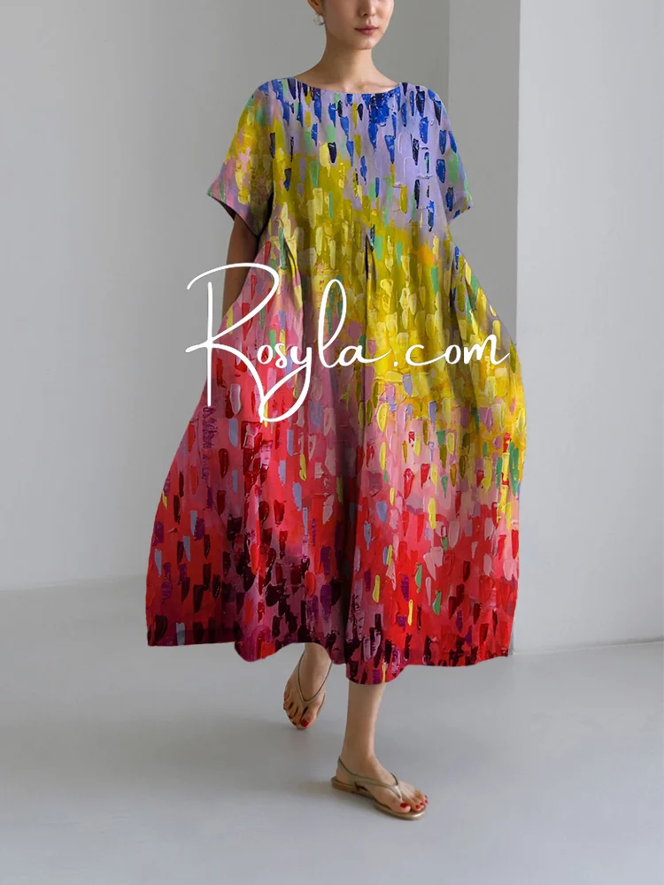 Women's Oil Art Print Loose Round Neck Medium Length Skirt Dress