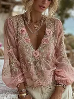 Women's Vintage Pink Floral Embroidered Art V-neck Long Sleeve Linen Blend Blouse