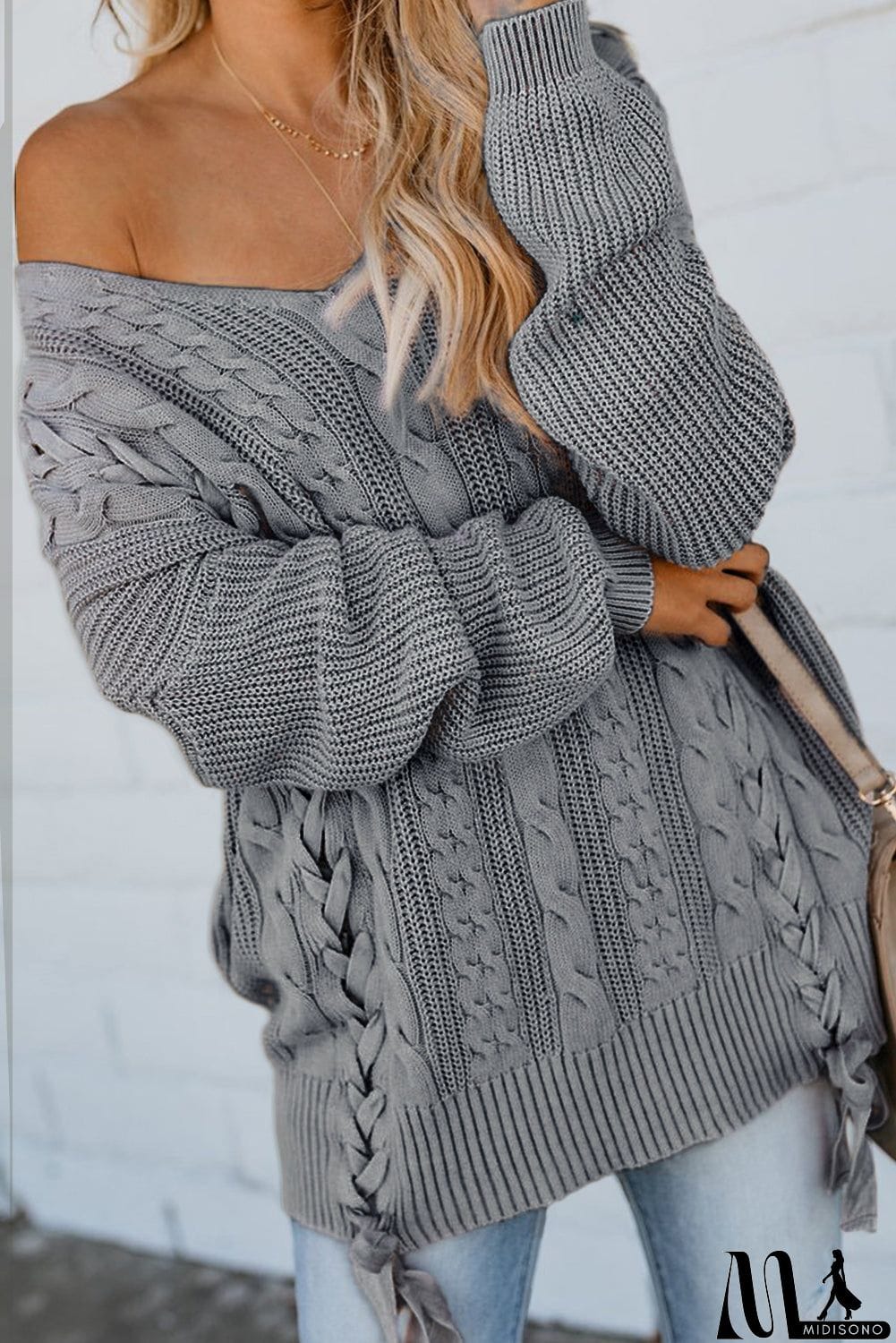 MidiSono - Love Letters Cable Knit Lace Up Sweater