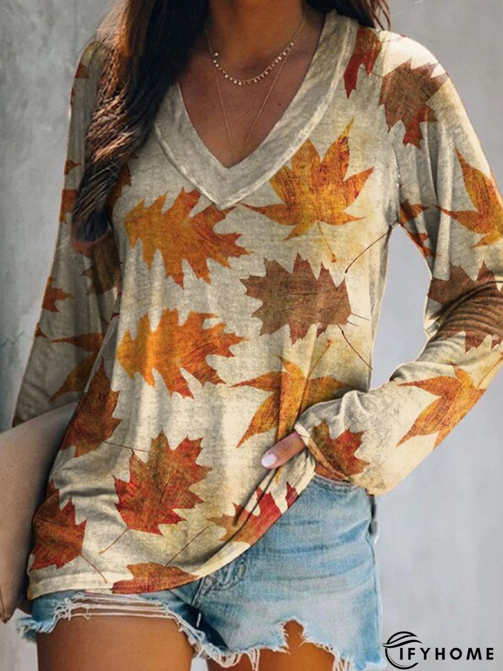 Casual Long Sleeve V Neck Printed Top Tunic T-Shirt | IFYHOME