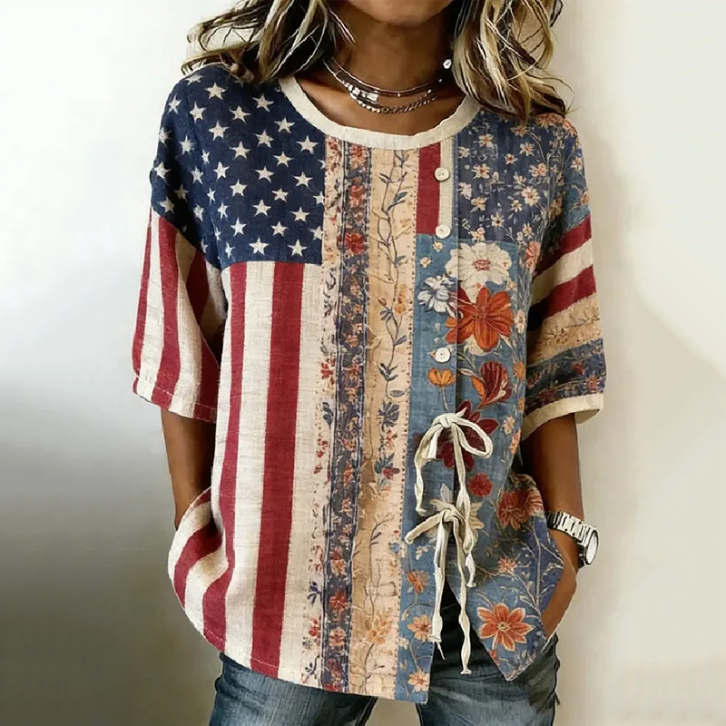  Women's Independence Day Flag Floral Print Linen Shirt Westsshops