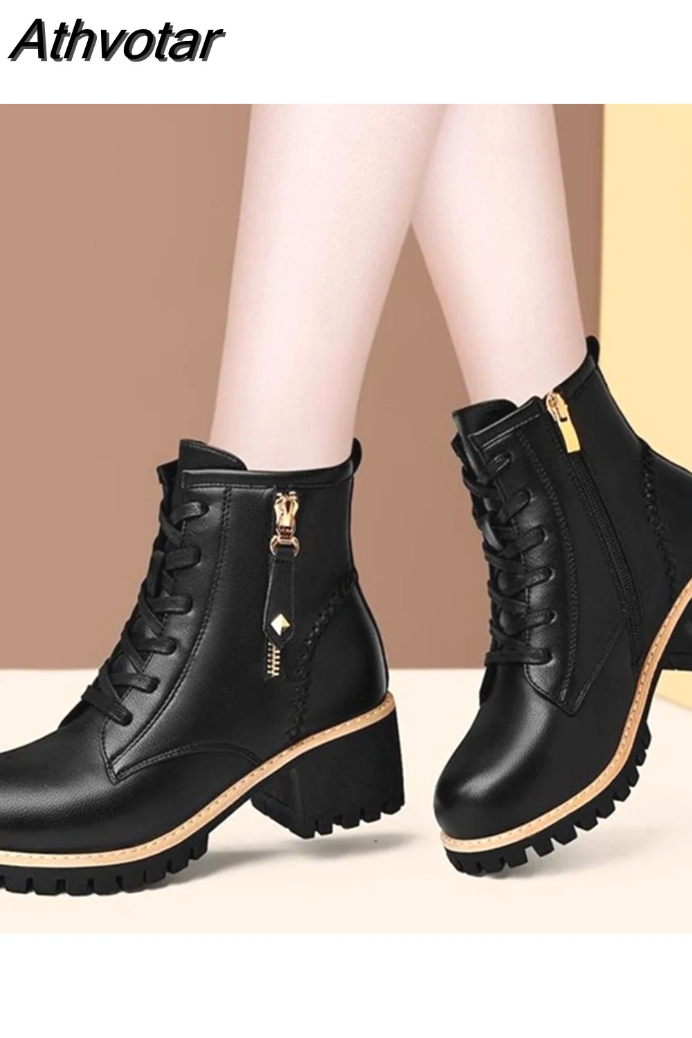 Athvotar Shoes Boots Ankle 2023 Autumn British Wind Genuine Leather Thick With Fur Ladies Short Boots Motorcycle Martin 1020-0
