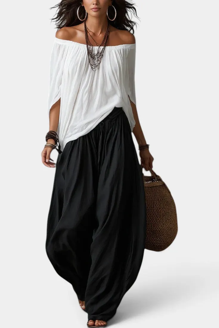 Off-Shoulder Flowy Top with Wide-Leg Trousers Set