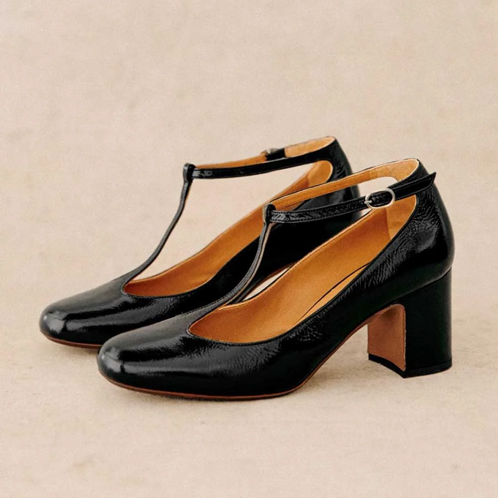 Black Round Toe Block Heel Vintage T-Strap Pumps for Women Nicepairs