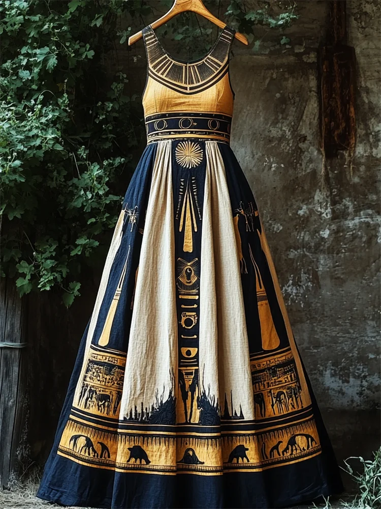 Ancient Egyptian Embroidered Contrast Linen Maxi Dress