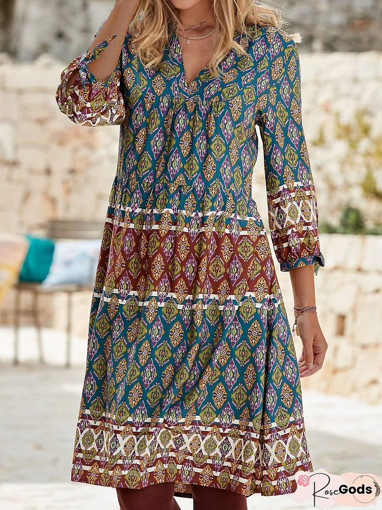 Casual Ethnic Autumn V Neck Lightweight No Elasticity Daily Cotton-Blend Regular Size Dresses For Women