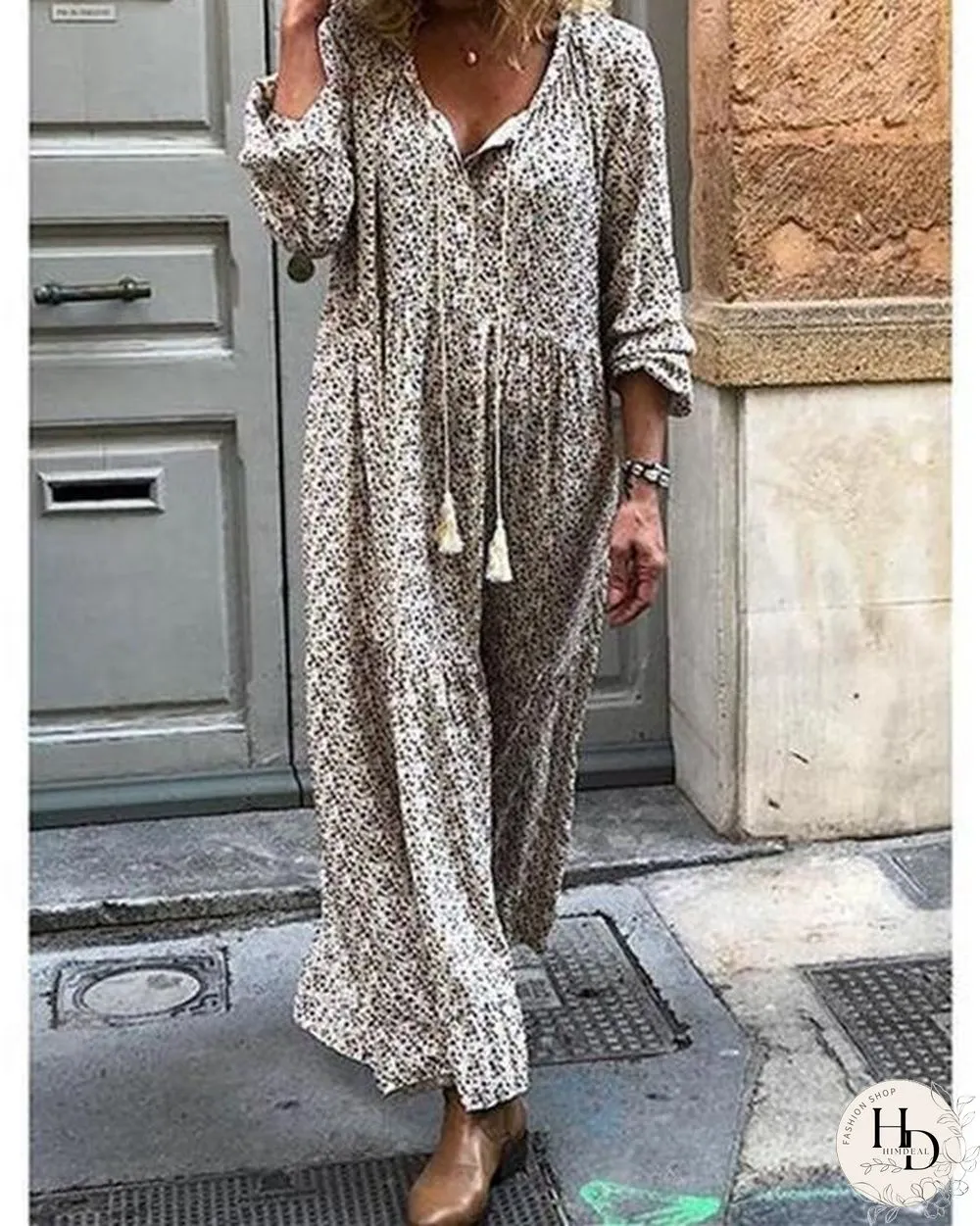 Women Shift Boho Floral Maxi Dresses Long Sleeve V Neck Dresses