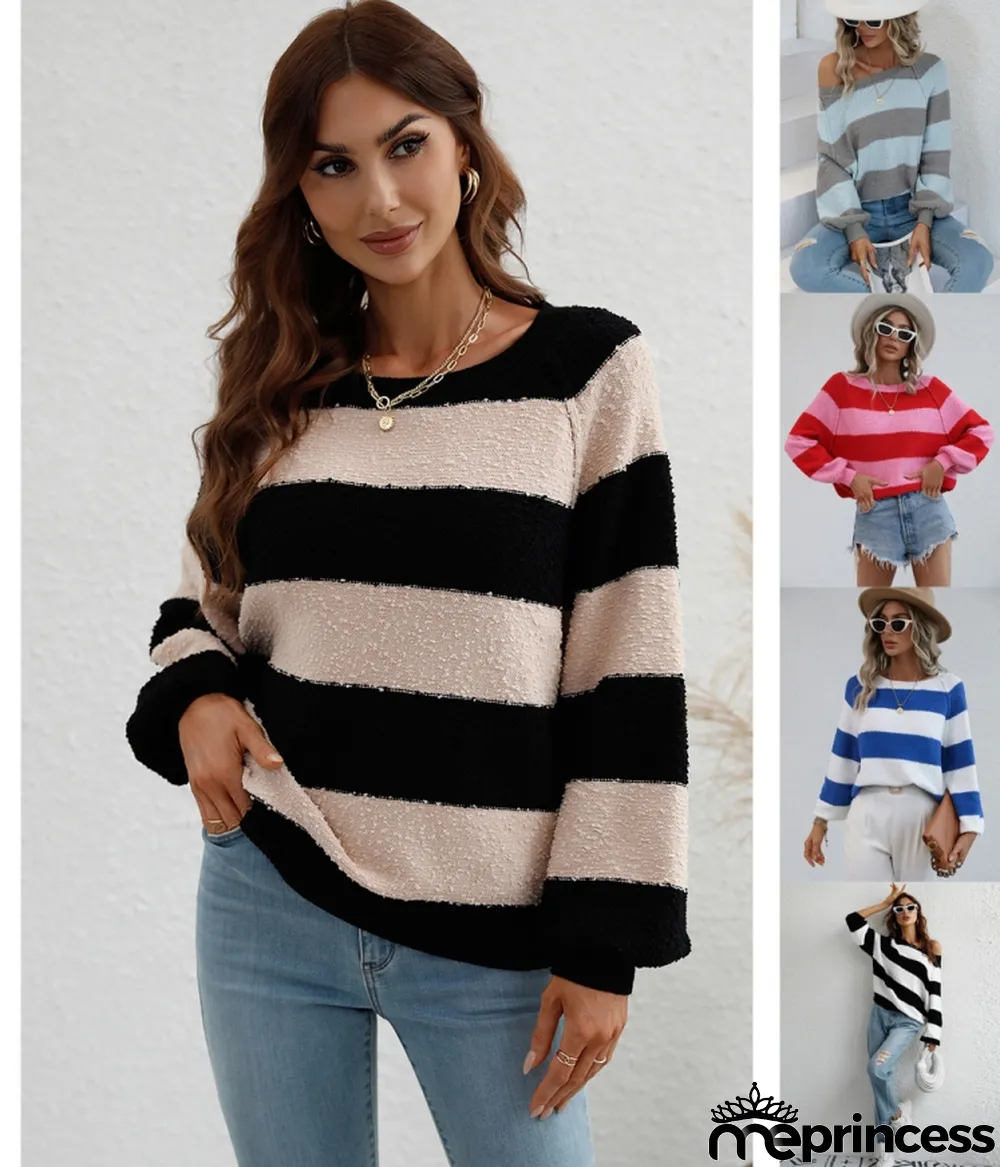 Winter women's Patchwork striped knitting shirt pullover loose sweater women