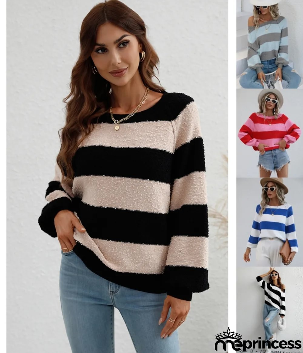 Winter women's Patchwork striped knitting shirt pullover loose sweater women