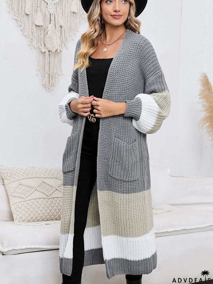 Color Block Long Sleeve Pocketed Cardigan