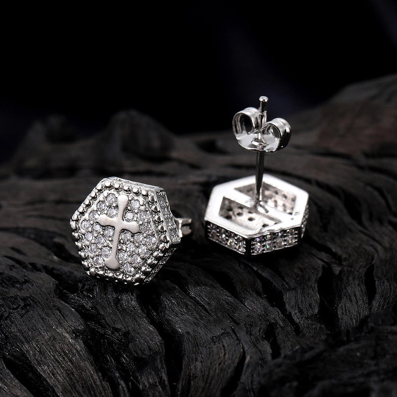 1 Pair Hip-Hop Hexagon Cross Plating Inlay Copper Zircon White Gold Plated Gold Plated Men Studs