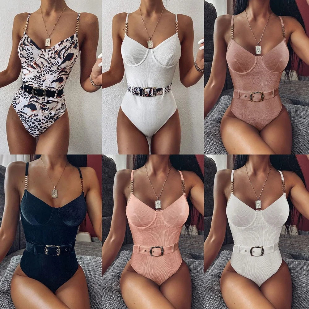 Ellolace One Piece Swimsuit Women Bikini Ribbed Bodycon Bodysuit Bathing Suit 2020 Women's Swimsuit Swimwear 6 Color Biquini