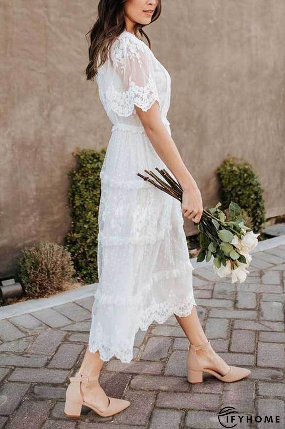Button Lace V Neck Short Sleeve Maxi Dress | IFYHOME