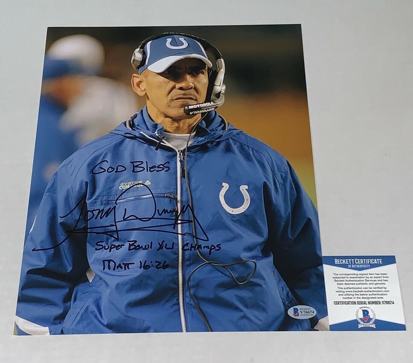 Tony Dungy signed Indianapolis Colts 11x14 Photo Poster painting SB Champs Inscription Beckett