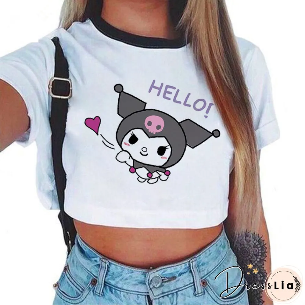 Summer Fashion Punk Tshirt Harajuku Gothic Sexy Crop Top Women Shirt Funny Hip Hop O-Neck