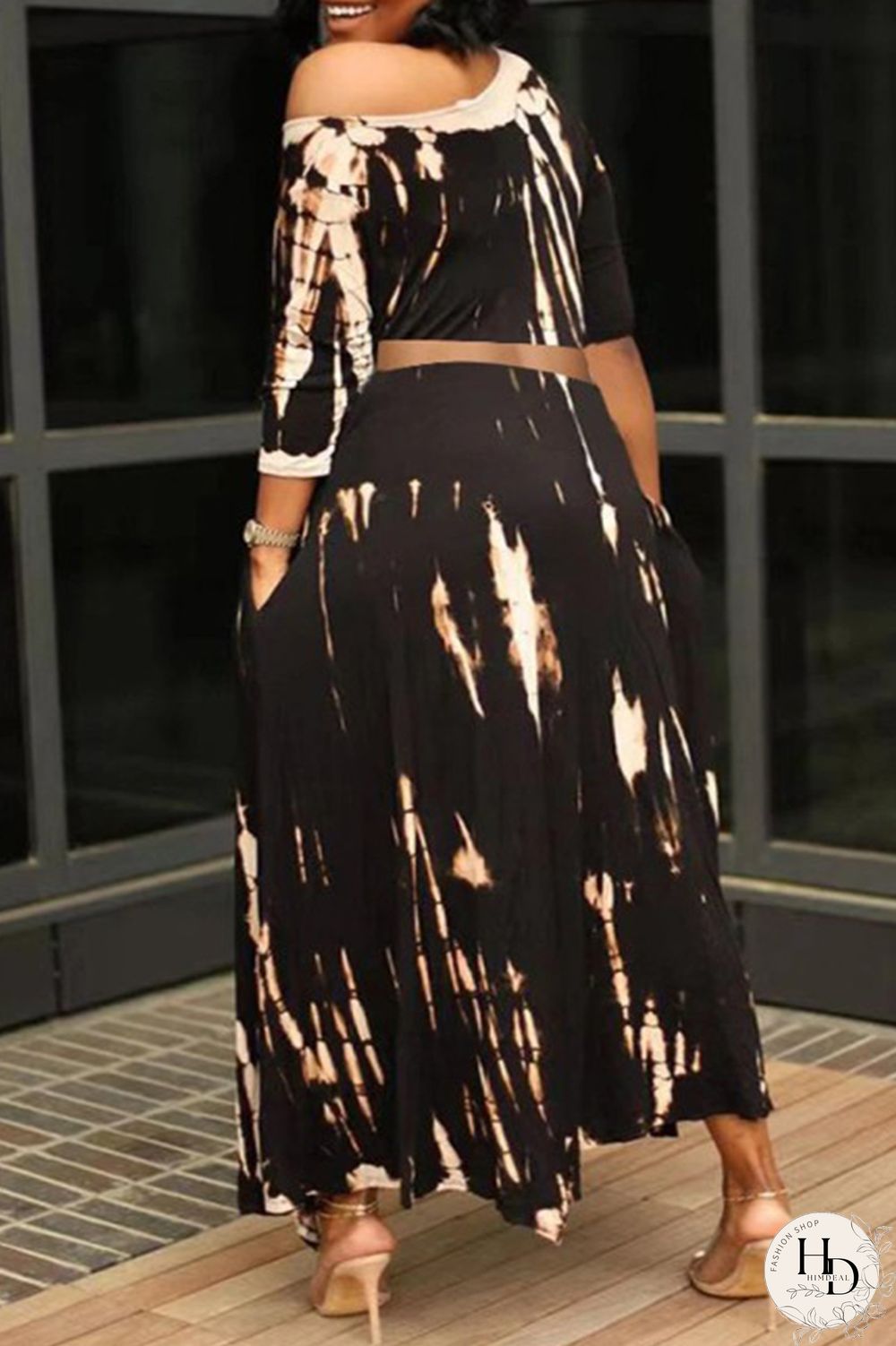 Black Fashion Casual Print Asymmetrical Oblique Collar Plus Size Two Pieces