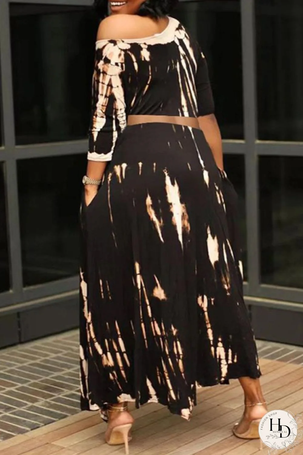 Black Fashion Casual Print Asymmetrical Oblique Collar Plus Size Two Pieces