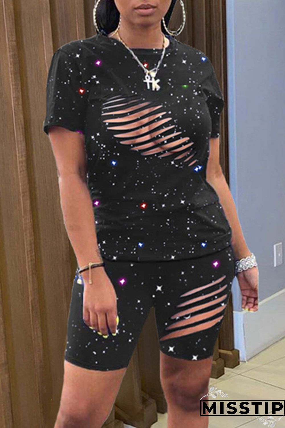Black Fashion Sexy Print Ripped Hollowed Out O Neck Short Sleeve Two Pieces