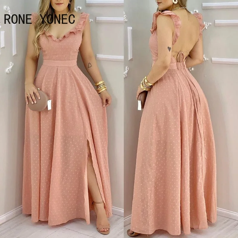 UForever21 Women Elegant Dress Ruffle Hem Open Back Slit Maxi Dress Mesh Dress  Backless Summer Dress