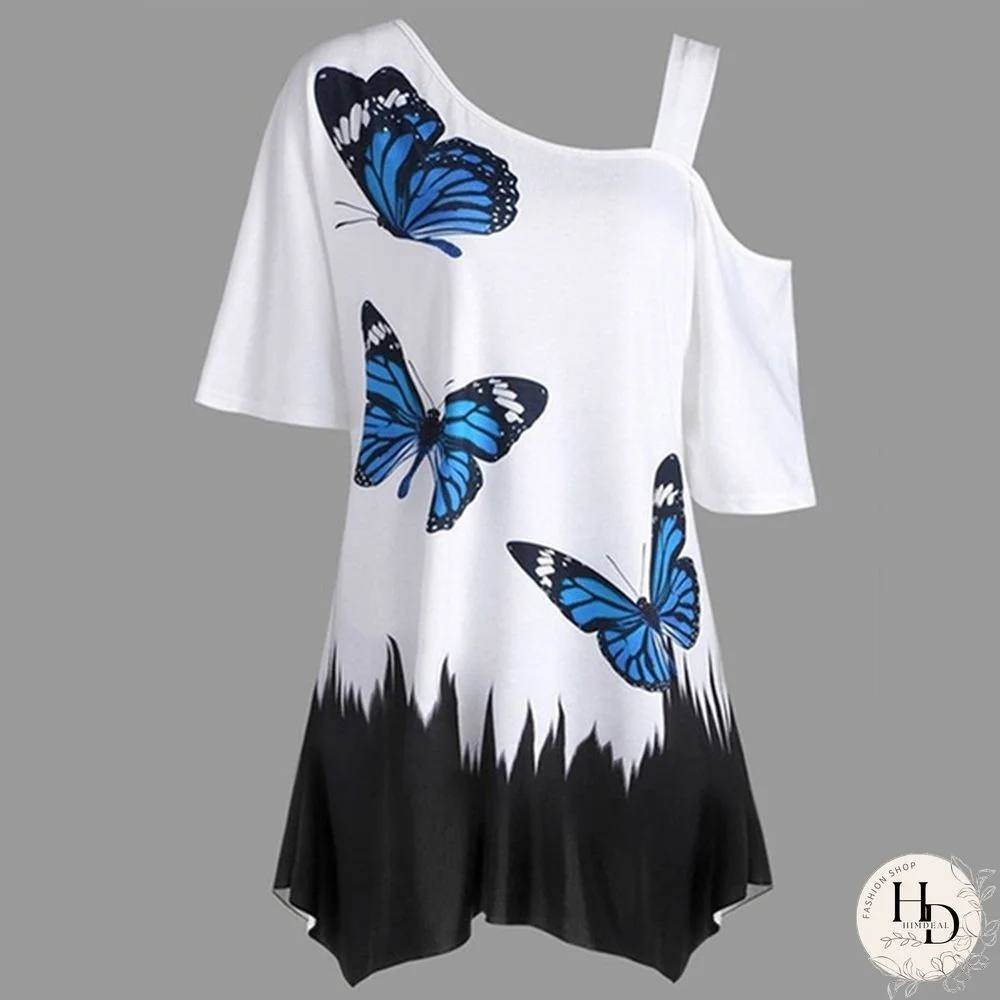 New Fashion Women Short Sleeve Tunic T-shirt Butterfly Print One Shoulder Loose Blouse Tops Plus Size