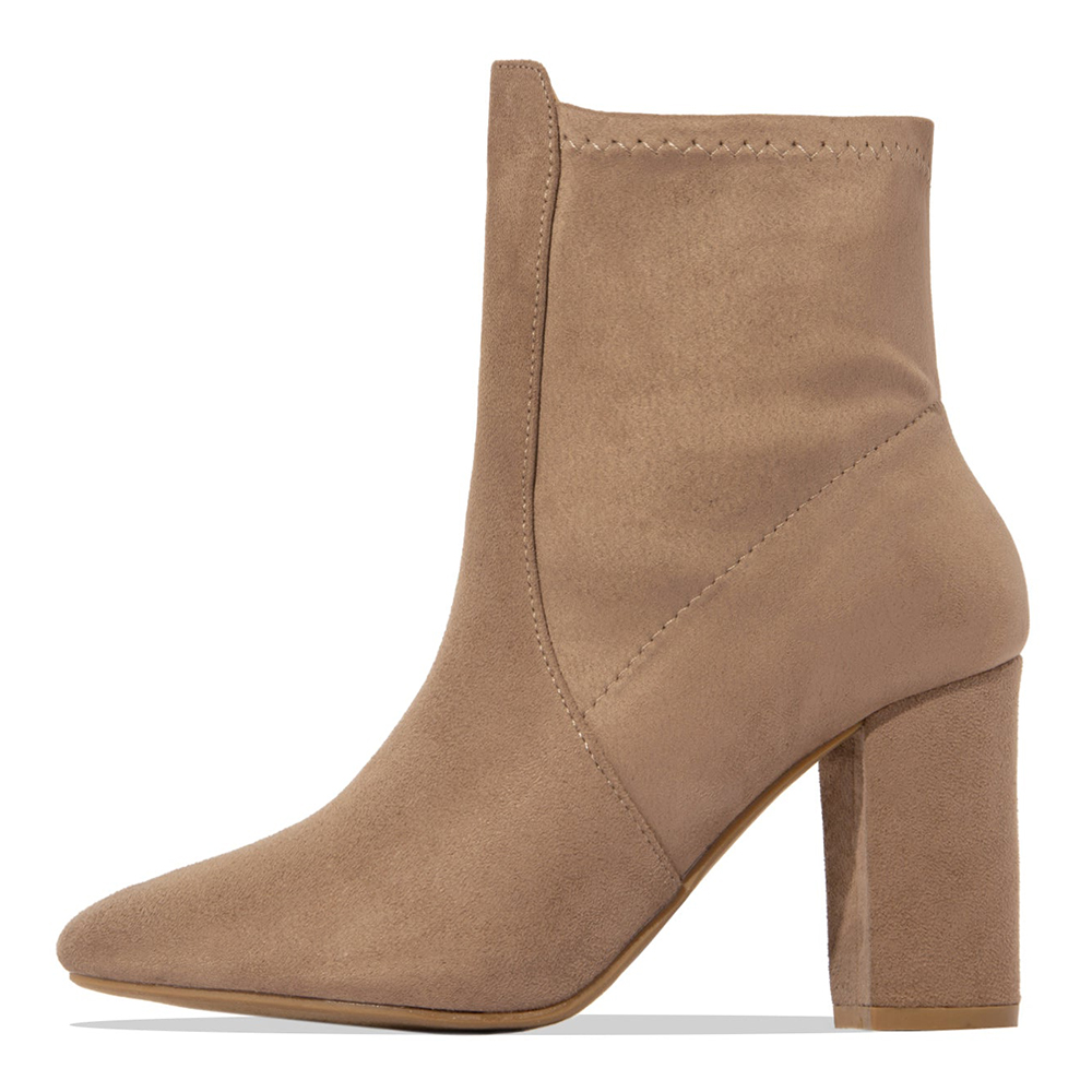 Classic Khaki Vegan Suede Chunky Heel Ankle Boots with Zipper Nicepairs
