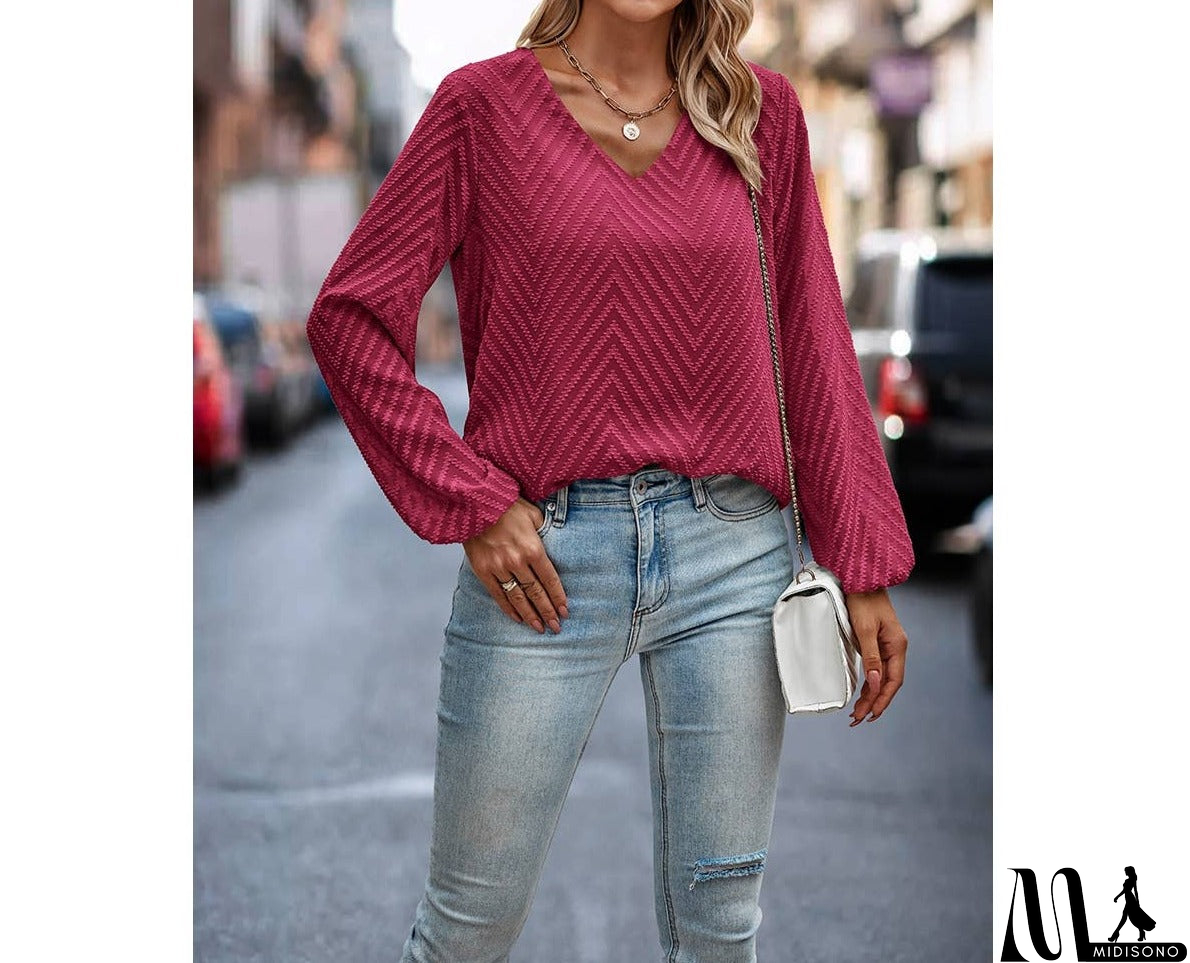MidiSono - Chevron V Neck Long Sleeve Loose Top