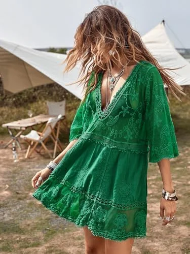 B2prity Women's Contrast Lace Bathing Suit Cover Up V-Neck Swimsuit Coverups Loose Swimwear Beach Dress Beachwear