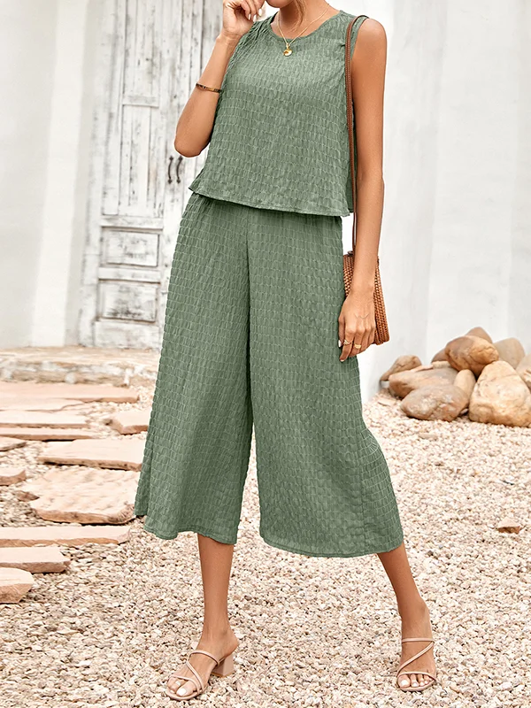 Solid Color Wide Leg Sleeveless Round-neck Jumpsuits