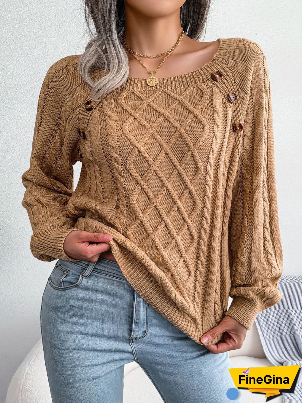 Women's  U-neck Slouchy Twist Knitting Long Sleeved Top