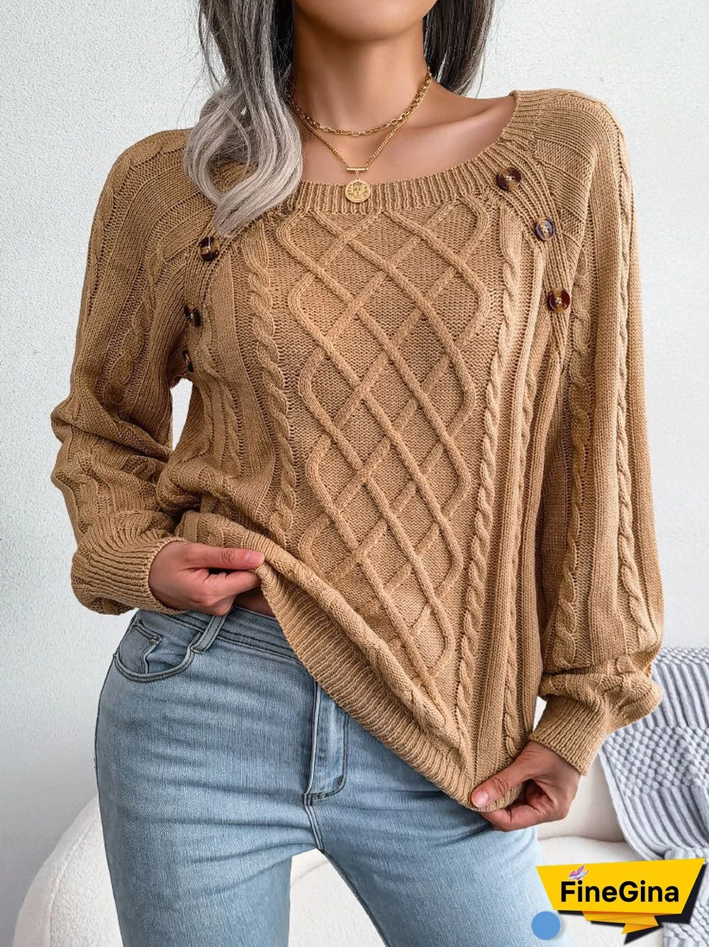 Women's  U-neck Slouchy Twist Knitting Long Sleeved Top