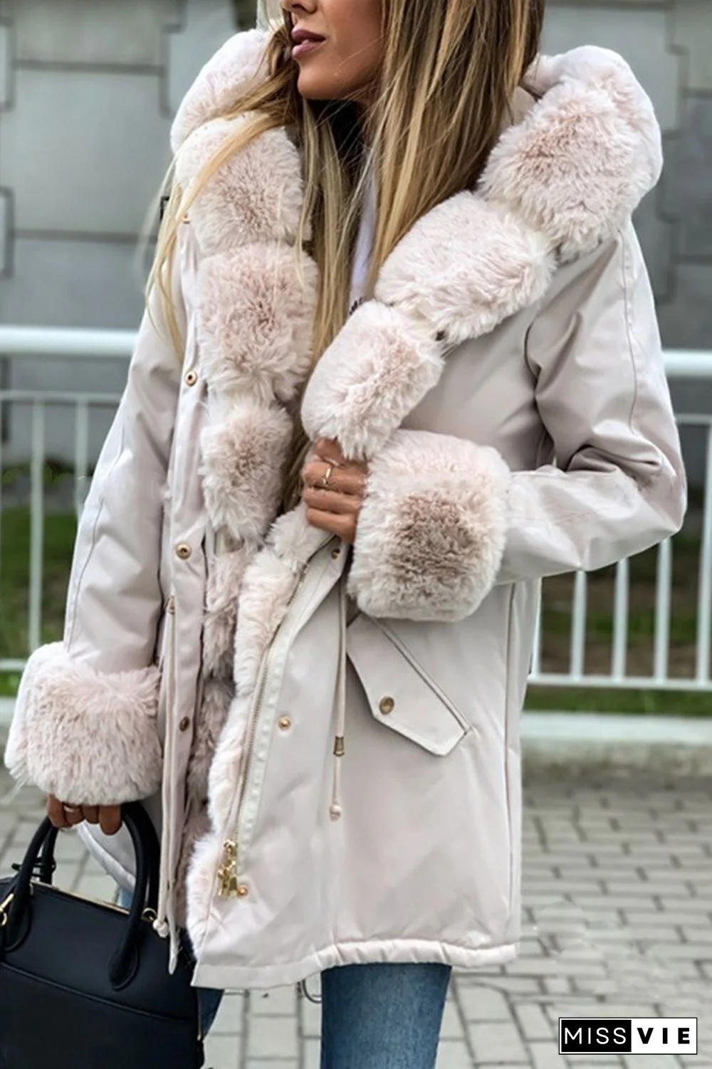 Drawstring Waist Fur Collar Fluffy Hooded Coat