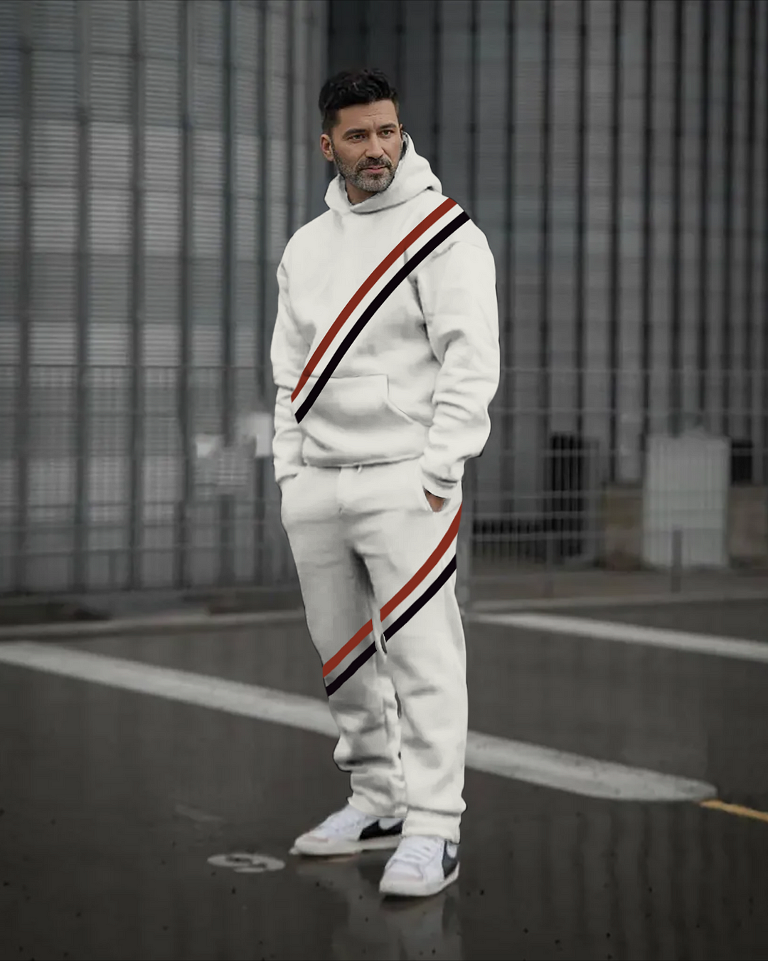 Men's color block striped print hoodie set 121