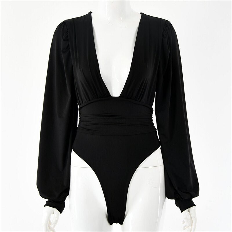 Forefair Ruched Panel Sexy Bodysuit Women Body Winter Plunging Neck Date Night Party Long Sleeve Puff Shoulder Woman Romper