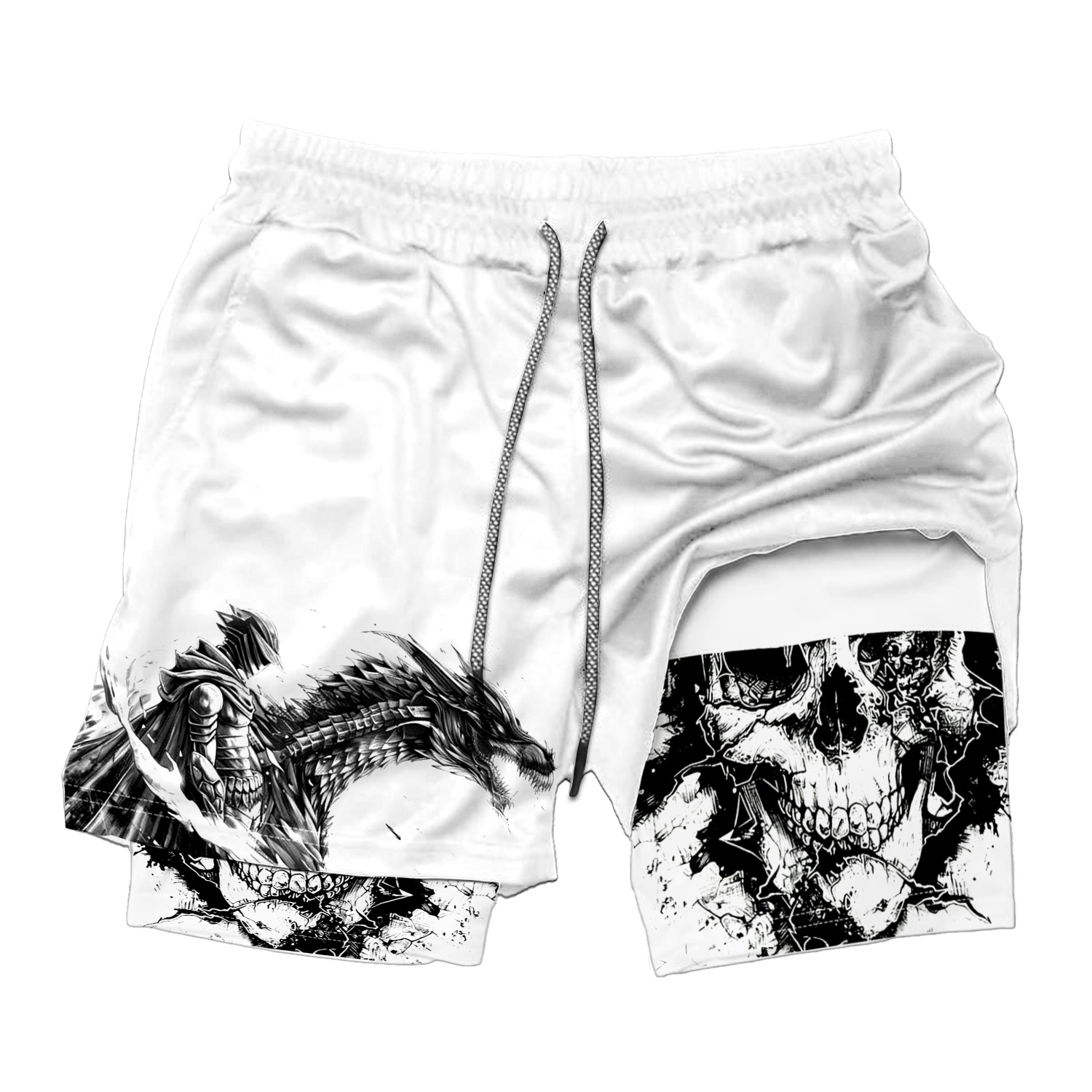 Gothic Black White Dragon Skull Compression Shorts