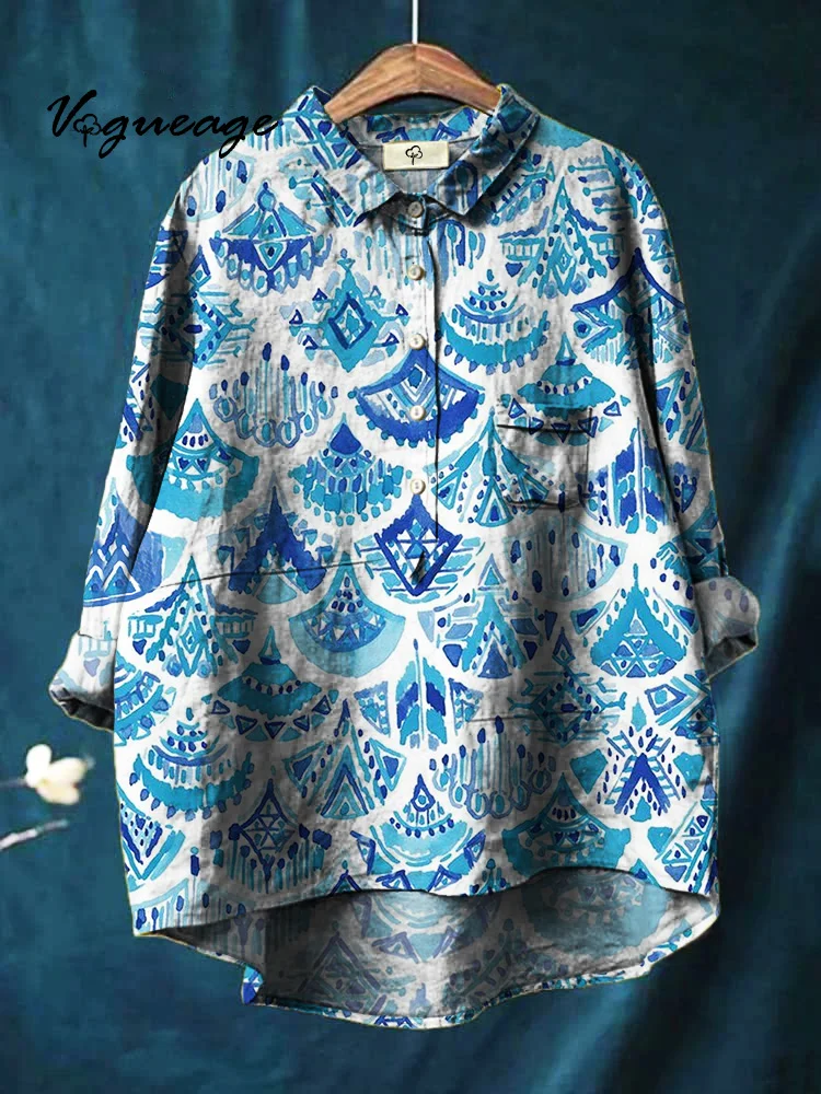 Cute And Fun Doodle Hand Drawn Scales Printed Cotton And Linen Shirt