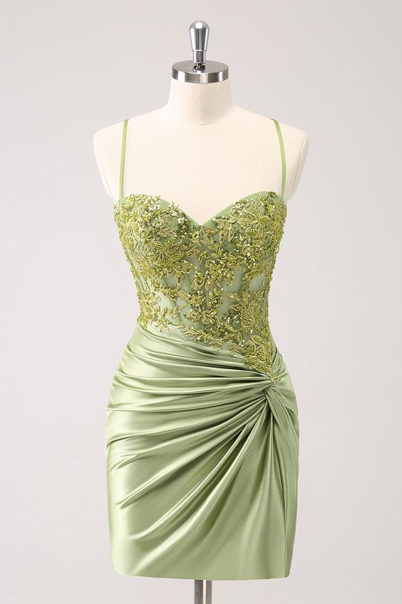 Exquisite Sage Satin Sleeveless Spaghtti Strap Short Homecoming Dress with Applique