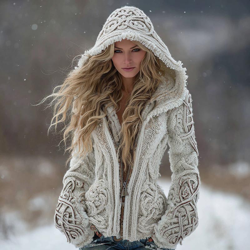 Women's Viking Celtic Knot Art Cozy Warm Knit Zip Hooded Sweater elevenforest