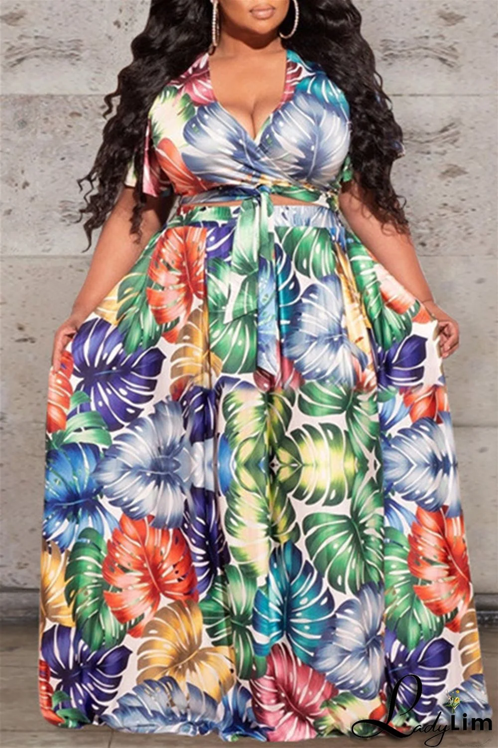 Earth Yellow Fashion Casual Print Bandage V Neck Plus Size Two Pieces