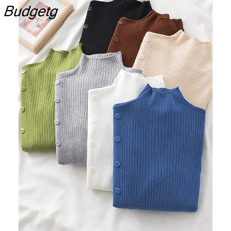 Budgetg Button Women's Sweater Autumn Winter Warm Turtlenecks Casual slit slim highneck Sweaters Knitted Pullover Top Pull Femme