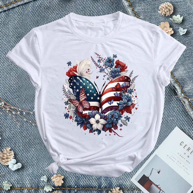 Independence Day Butterfly Flower Round Neck T-shirt - BSP0003-Annaletters
