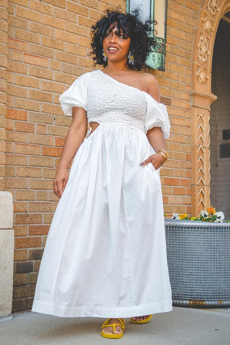 Slanted Shoulder Puff Sleeves Casual Maxi Dresses