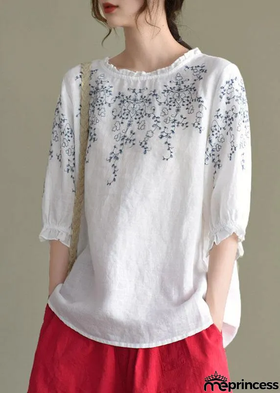 Handmade Navy lantern Sleeve O-Neck Embroidered Summer Ramie Blouses