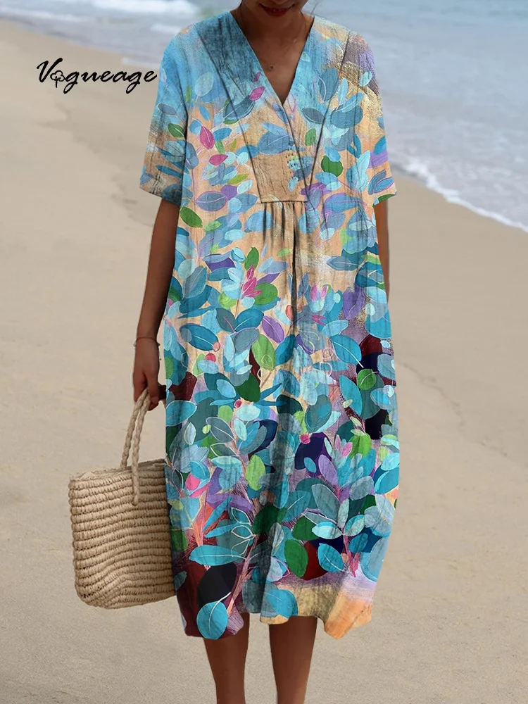 Colored Leaves Printed Women's Casual Cotton And Linen