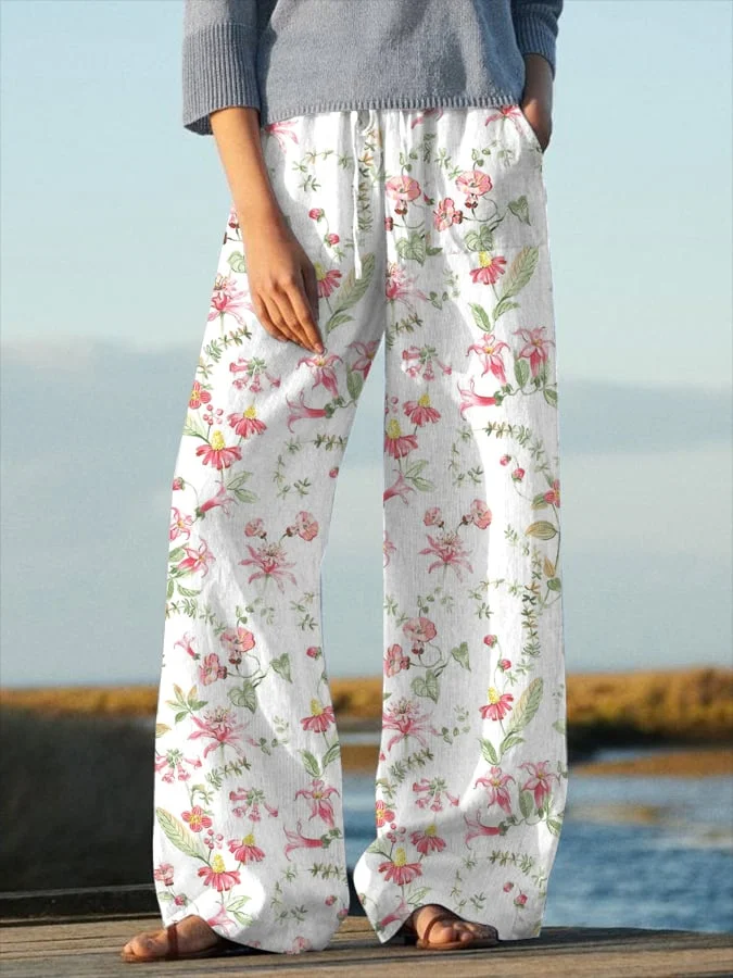 Women's Floral Design Lace-Up Elastic Waist Loose Casual Pants
