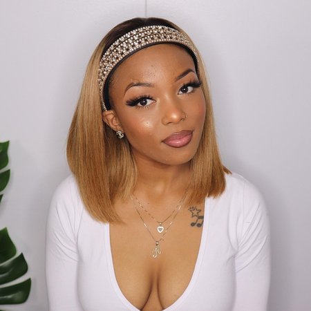 WEQUEEN Straight Bob With Light Brown Blonde Highlights Grab-N-Go Headband Wigs
